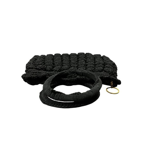 Vintage Black Crocheted Popcorn Stitch Handbag Small Purse Mid Century Used - Picture 3 of 16